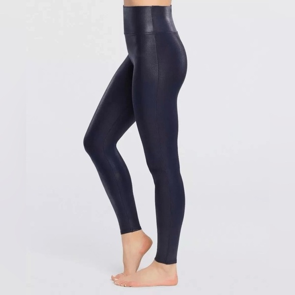 Spanx Faux Leather Navy Blue Tummy Control Leggings Womens size Small - Picture 1 of 12